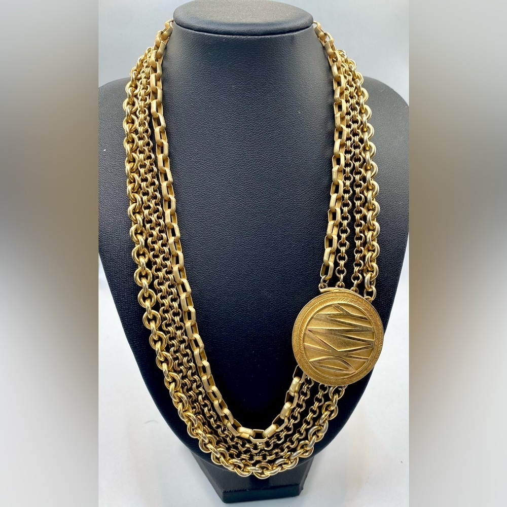 Vintage Donna Karan DKNY Signed Multi Strand Logo Medallion Collar Necklace